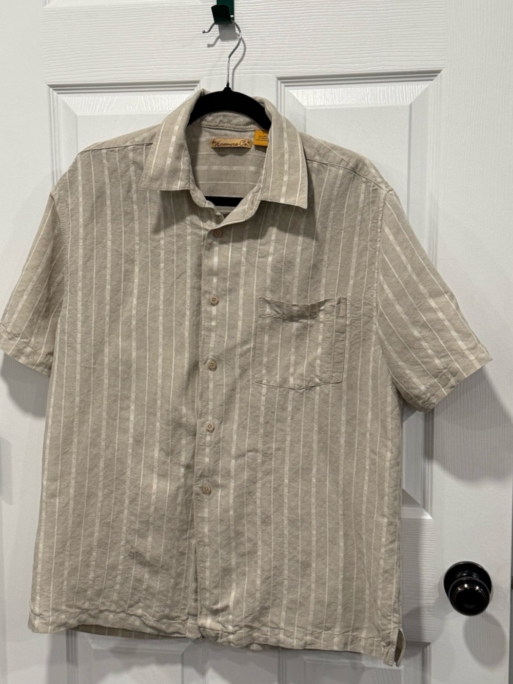 Tan and white striped button up linen shirt